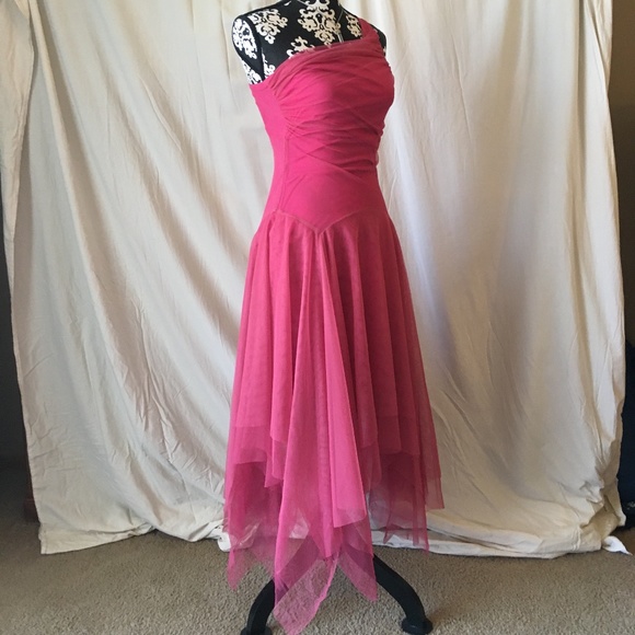 Vintage "Fairy" Asymmetrical Hem Pink Chiffon One Shoulder Midi Dress, XS - Picture 11 of 13